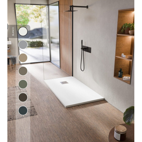 BELLOBATH - Plato de ducha de resina antideslizante - Textura pizarra suave - Plato ducha incluye válvula desagüe y rejilla- Blanco - 80 X 120 cm