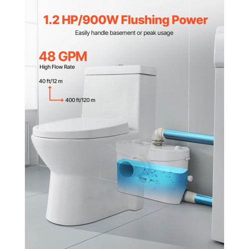 Bomba de Maceración VEVOR 900 W,Macerador Sanitario 4 Entradas de Agua,180 L/min,Altura de Descarga 12 m,Eliminación de Aguas Residuales para WC