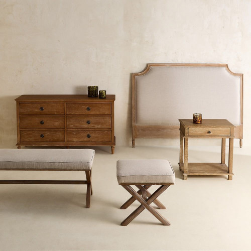 Cabecero doble de madera de roble y tapizado en lino Vintage EuroVolter Roble envejecido