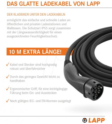 Cable de carga tipo 2 estándar (22kW-32A-3P) 10m, negro