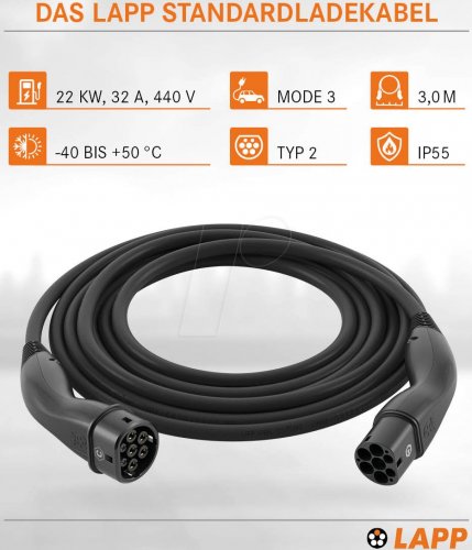 Cable tipo 2, para vehículos eléctricos, 22 kW, 32 A, 3 P