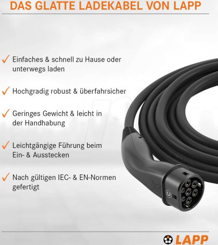 Cable tipo 2, para vehículos eléctricos, 22 kW, 32 A, 3 P