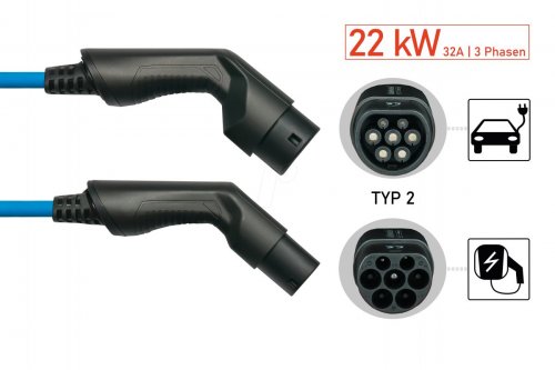 Cable tipo 2, para vehículos eléctricos, 22 kW, 7,5 m..