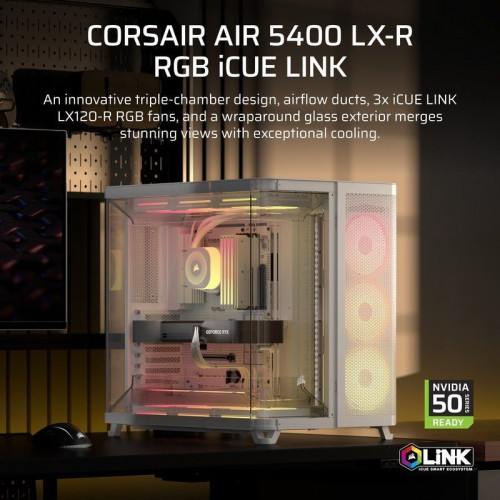 Caja Corsair AIR 5400 LX-R Link RGB triple cámara vidrio templado Blanca