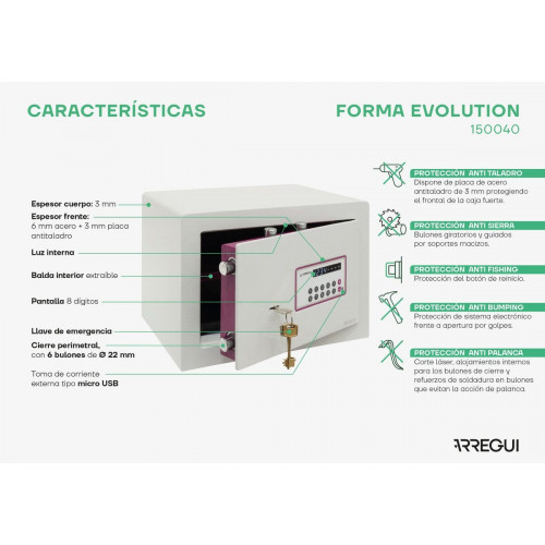 Caja fuerte ARREGUI 150040 doble seguridad con código y llave, 24L, 27x38,5x30 cm