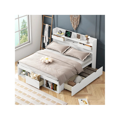 Cama doble 140x200 cm con 5 cajones, puerto USB y nichos de almacenaje - madera de pino - color blanco
