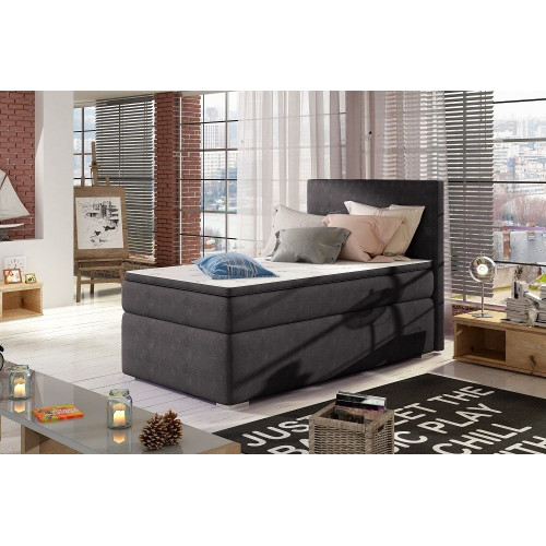 Cama individual 90 x 200 cm tapizada en tela con arcón – Amelia