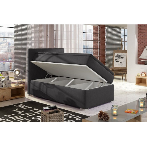 Cama individual 90 x 200 cm tapizada en tela con arcón – Amelia