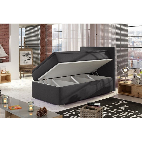 Cama individual 90 x 200 cm tapizada en tela con arcón – Amelia