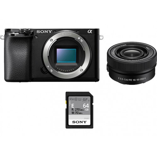 Cámara EVIL - Sony  Kit Alpha 6100 (ILCE6100L) + Objetivo  SELP16502 + Tarjeta SD 64GB, 24.2MP, Wi-Fi