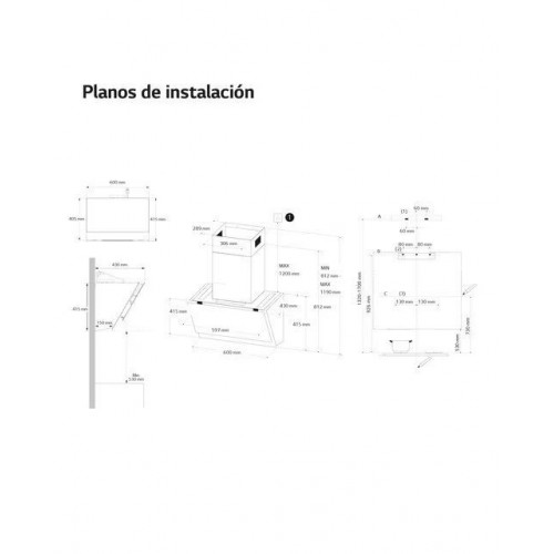 Campana decorativa LG con 3 velocidades, 630m3/h capacidad de extracción, 60 cm - HCEZ2428B Negro