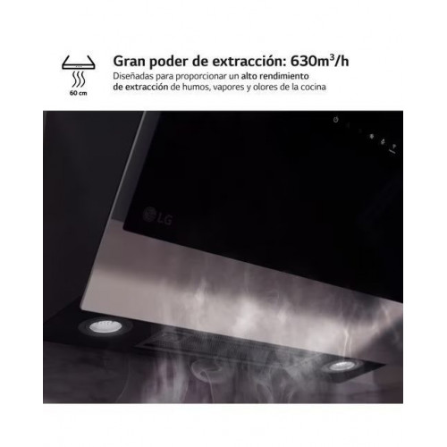 Campana decorativa LG con 3 velocidades, 630m3/h capacidad de extracción, 60 cm - HCEZ2428B Negro