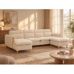 Canapé Esquina Modular de Chenille, Sofá 4 Plazas para Salón y Oficina, con Arcón de Almacenaje y Patas de Madera Maciza Aparentes