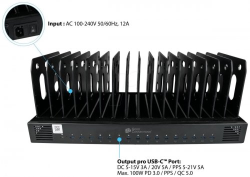 CARGADOR USB, 1000 W, 16X USB-C, PD 3,0, PPS, QC 5, negro