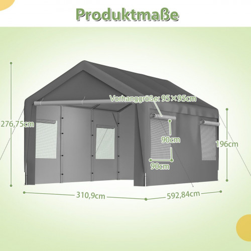 Carport Garage Carpa 3x6m Gris – Hibernación, con ventanas enrollables, techo y paredes removibles para coche, SUV, bote y camión