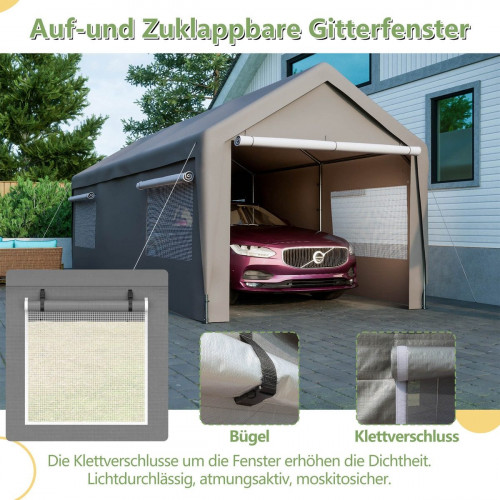 Carport Garage Carpa 3x6m Gris – Hibernación, con ventanas enrollables, techo y paredes removibles para coche, SUV, bote y camión