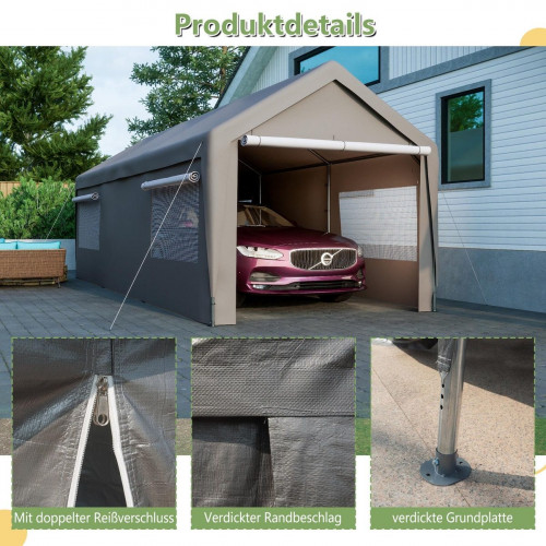 Carport Garage Carpa 3x6m Gris – Hibernación, con ventanas enrollables, techo y paredes removibles para coche, SUV, bote y camión