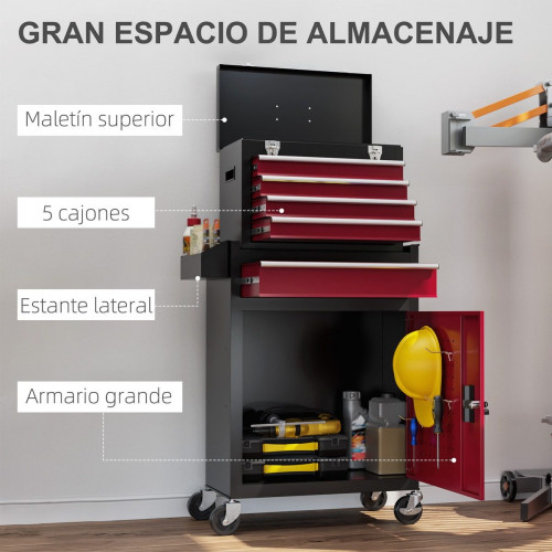 Carro de Herramientas HOMCOM Acero Rojo 60x28x102 cm