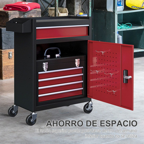 Carro de Herramientas HOMCOM Acero Rojo 60x28x102 cm