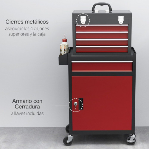 Carro de Herramientas HOMCOM Acero Rojo 60x28x102 cm