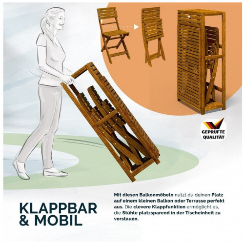 Casaria Set de balcón 3 piezas, plegable, madera acacia FSC®, 160kg (996430)