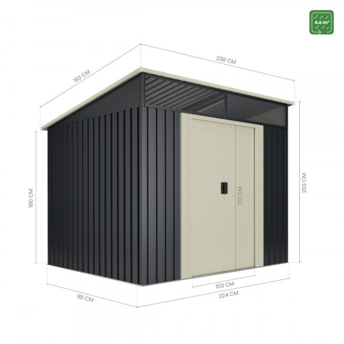 Caseta de acero GANSEN II de 238x203x193 cm y 4.6 m2 con 0.25 mm espesor y doble puerta corredera HOGGAR