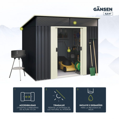 Caseta de acero GANSEN II de 238x203x193 cm y 4.6 m2 con 0.25 mm espesor y doble puerta corredera HOGGAR