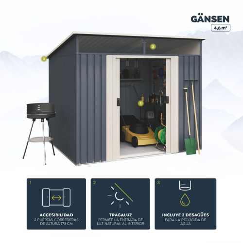 Caseta de acero GANSEN II de 238x203x193 cm y 4.6 m2 con 0.25 mm espesor y doble puerta corredera HOGGAR