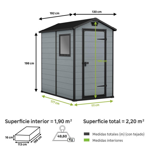 Caseta de resina Manor 4x6 de 130x198x192 cm y 2.2 m2 con 16 mm espesor y puerta batiente simple KETER