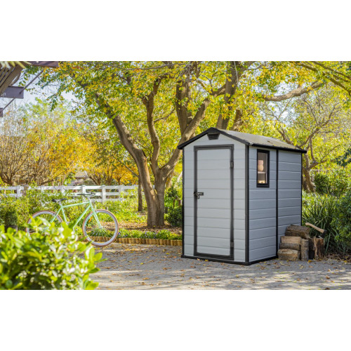 Caseta de resina Manor 4x6 de 130x198x192 cm y 2.2 m2 con 16 mm espesor y puerta batiente simple KETER