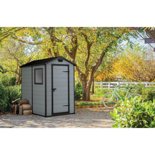 Caseta de resina Manor 4x6 de 130x198x192 cm y 2.2 m2 con 16 mm espesor y puerta batiente simple KETER