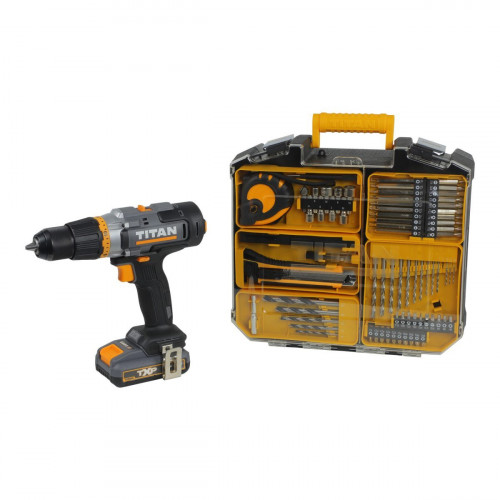 Taladro percutor 1x2Ah con 74 accesorios Titan