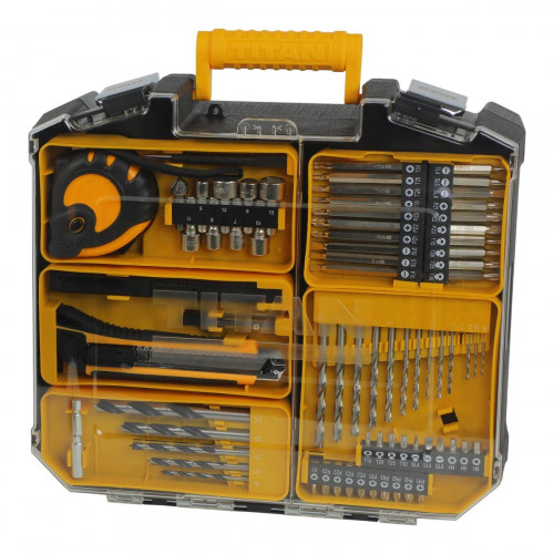 Taladro percutor 1x2Ah con 74 accesorios Titan