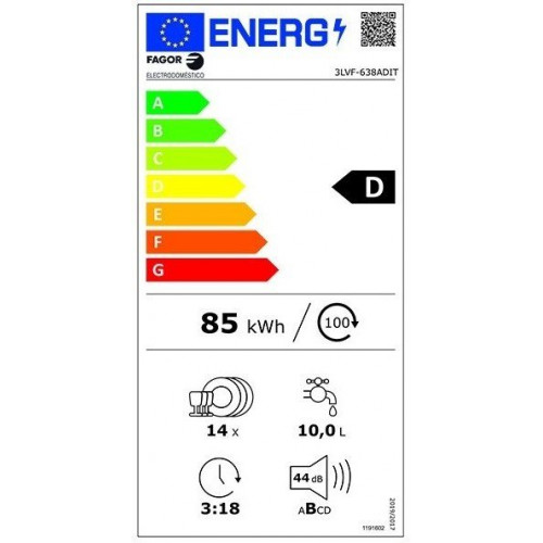 FAGOR 3LVF-638ADIT Integrable - Lavavajillas 60CM 14 Servicios