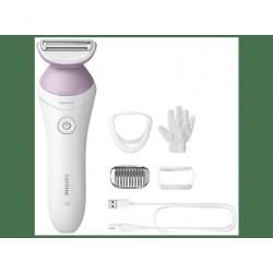 Rasuradora  - BRL136/00 AFEITADORA FEMENINA PHILIPS, Funcionamiento en mojado, 1 velocidades, Cepillo de limpieza; Peine-guía; Tapa de colocación fácil; Cabezal de estiramiento de la piel; Guante exfoliante., Rosa, Blanco