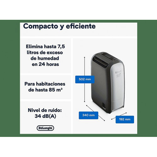 Deshumidificador - De'Longhi Tasciugo AriaDry Light DNS80, Extracción 7.5 l/día, Depósito de 2,8 l, Superficia de 85 m³, Pantalla LCD, Ionizador, Gris
