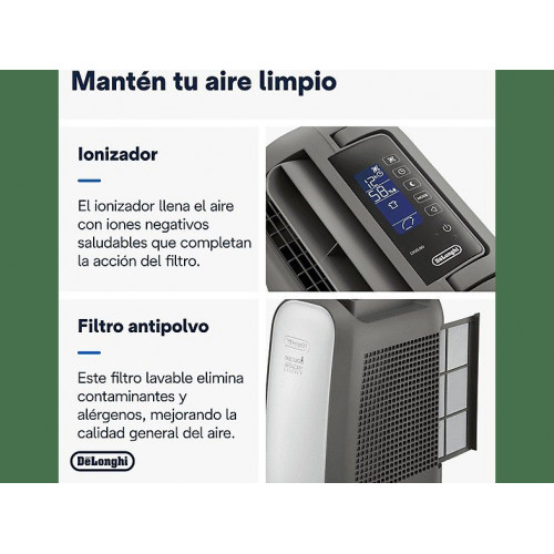 Deshumidificador - De'Longhi Tasciugo AriaDry Light DNS80, Extracción 7.5 l/día, Depósito de 2,8 l, Superficia de 85 m³, Pantalla LCD, Ionizador, Gris