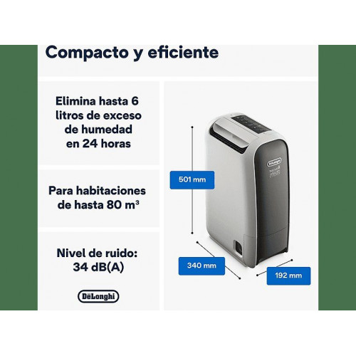 Deshumidificador - De'Longhi Tasciugo AriaDry Light DNS65, Extracción de 6 l/día, Depósito de 2.8 l, Superficie máxima 75 m³, Ionizador, Gris