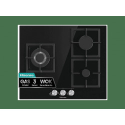 Placa de gas - Hisense GG633B, 3 zonas, 58 cm, Gas Natural, Encendido fácil, Fogón Wok, Cristal Negro
