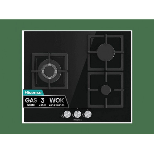 Placa de gas - Hisense GG633B, 3 zonas, 58 cm, Gas Natural, Encendido fácil, Fogón Wok, Cristal Negro