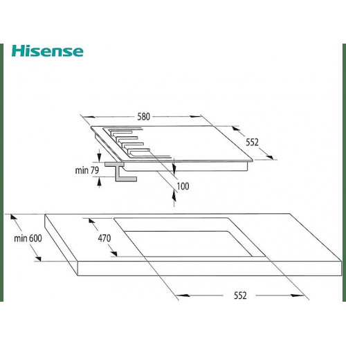 Placa de gas - Hisense GG633B, 3 zonas, 58 cm, Gas Natural, Encendido fácil, Fogón Wok, Cristal Negro