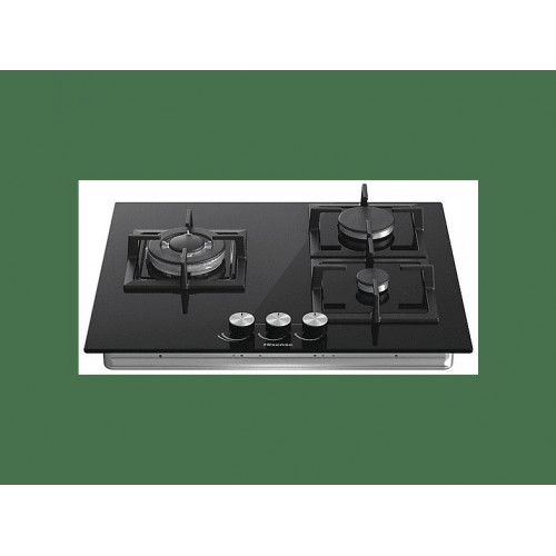 Placa de gas - Hisense GG633B, 3 zonas, 58 cm, Gas Natural, Encendido fácil, Fogón Wok, Cristal Negro