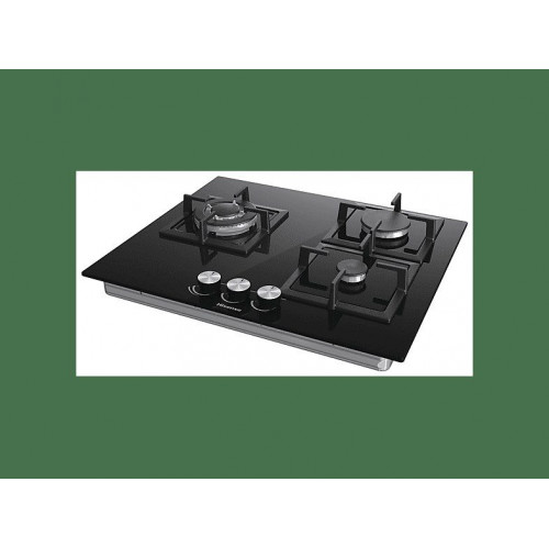 Placa de gas - Hisense GG633B, 3 zonas, 58 cm, Gas Natural, Encendido fácil, Fogón Wok, Cristal Negro