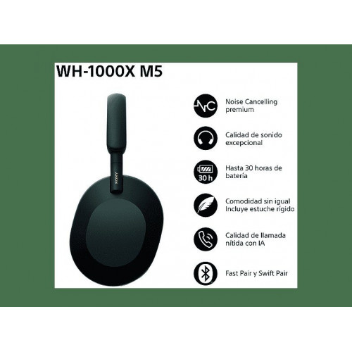 Auriculares inalámbricos - Sony WH-1000XM5B, Estuche rígido, Cancelación ruido, 30h, Hi-Res, Carga Rápida, Llamada Nítida, Bluetooth, Diadema, Negro