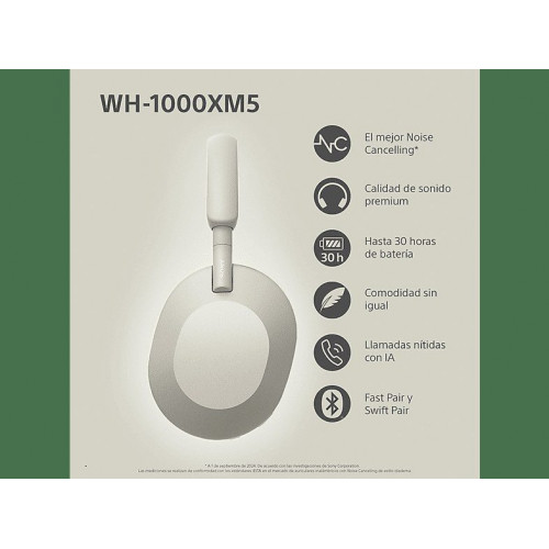 Auriculares inalámbricos - Sony WH-1000XM5S, Cancelación ruido (Noise Cancelling), 30h, Hi-Res, Carga Rápida, Con Asistente, Bluetooth, Diadema, Plata