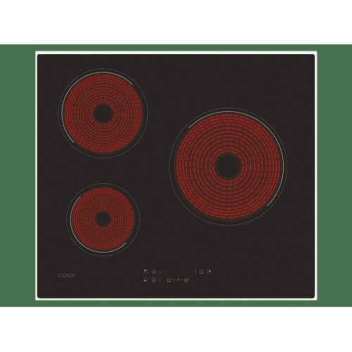Placa vitrocerámica - Candy Timeless CH63CC/4U2,  3 Zonas, Zona grande 25 cm, Float glass, 60 cm, Negro