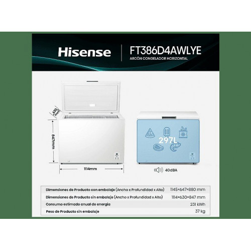 Congelador horizontal - Hisense FT386D4AWLYE, 84.7 cm, 297 l, Función Dual,  Bordes suaves, Blanco