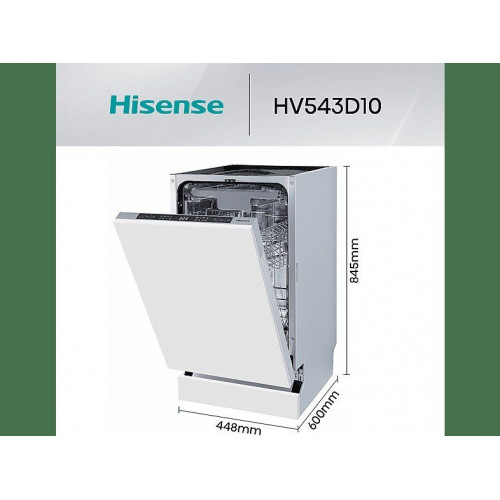 Lavavajillas integrable - Hisense HV543D10, 11 servicios, 7 programas, 44.8 cm, Tercera bandeja, Inverter, Sin Panelar