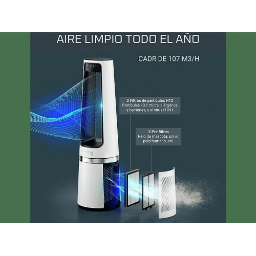 Purificador de aire - Rowenta Eclipse QU5060F, Ventilador y calefactor, 3 en 1, 2000W, 12 Velocidades, 8 m, 31 dB,  Modo día/noche, Silencioso, Blanco