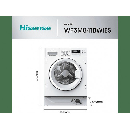 Lavadora integrable - Hisense WF3M841BWIES, 8 kg, 1400 rpm, 15 programas, Secado Allergy Care, Clase A, Sin Panelar